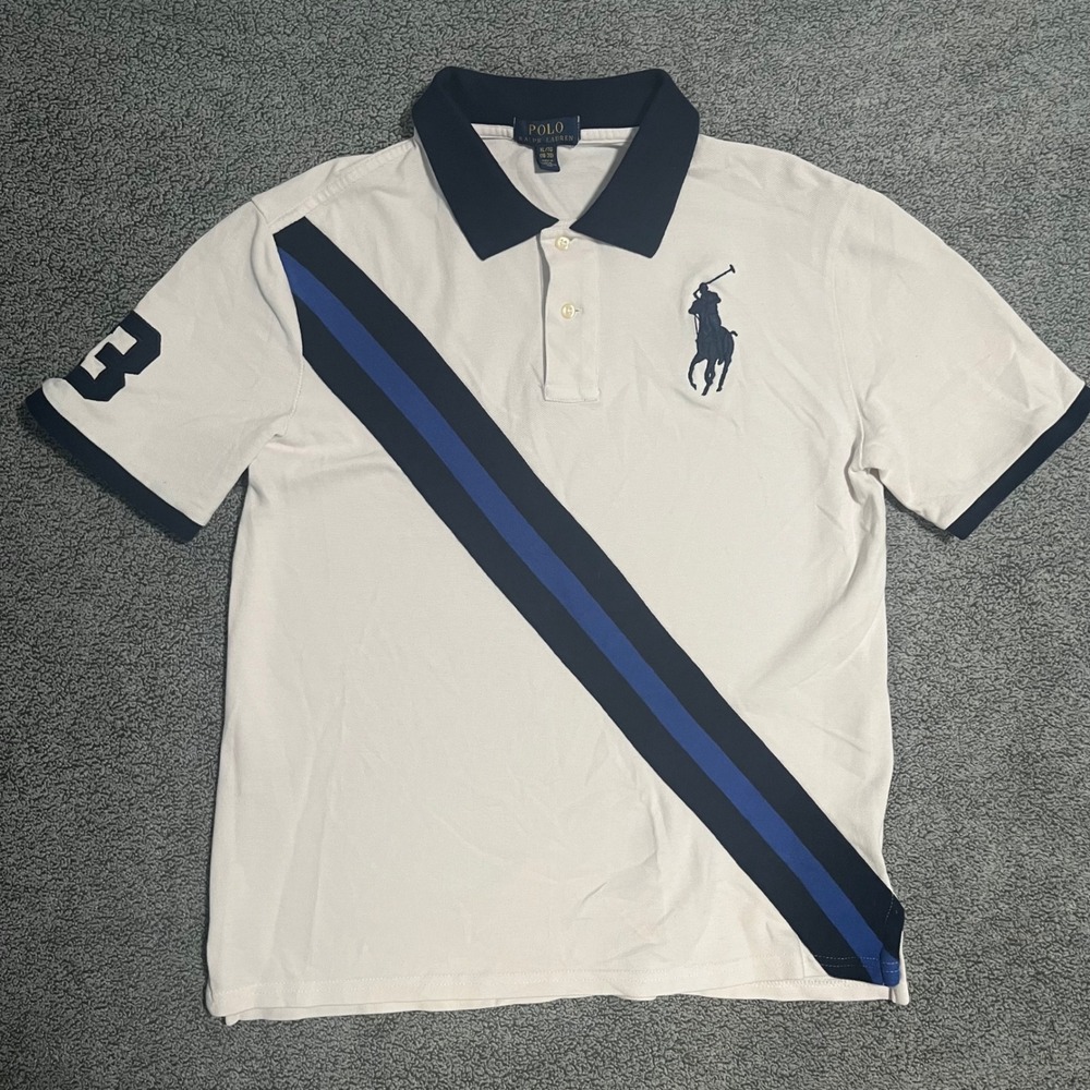 Polo Ralph Lauren Big Pony Sash Polo Shirt White Navy Blue Mens XL TG 18-20